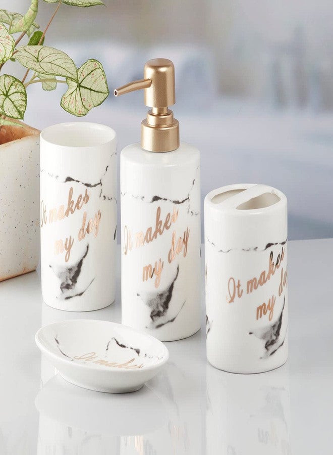 Kookee Ceramic Bathroom Set - Stylish 4 Piece Bath Accessories Kit with Soap Dispenser, Toothbrush Holder, Tumbler & Soap Dish - Modern & Designer Decor for Home & Guest Bathrooms, White/Gold (7694) - Image 2